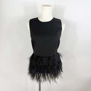 Lucy Paris Black Ostrich Feather Hem Top | Sleeveless Shell | Womens Size XS